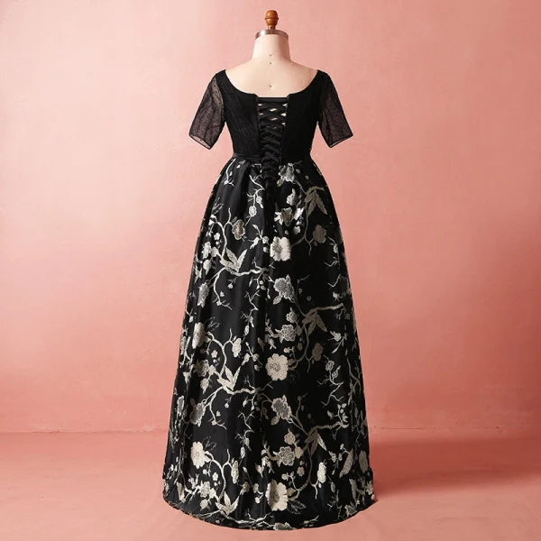 Chic / Beautiful Black Plus Size Evening Dresses 2018 A-Line / Princess V-Neck Tulle Satin Backless Printing Crossed Straps Summer Short Sleeve Evening Party Formal Dresses