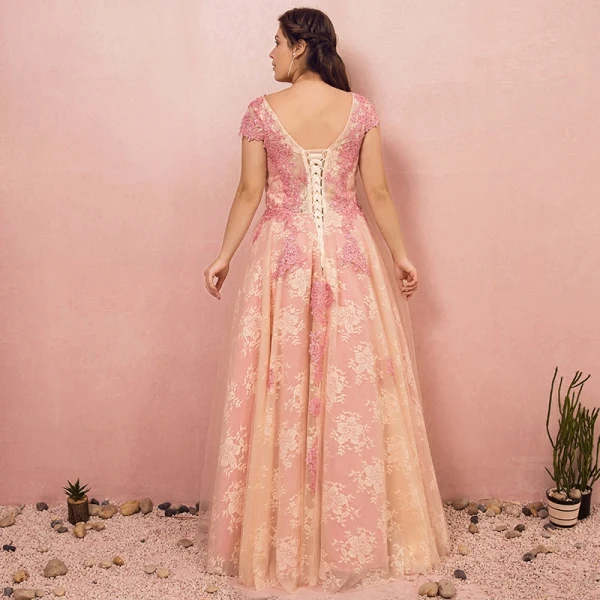 Flower Fairy Beige Plus Size Evening Dresses  2018 A-Line / Princess V-Neck Tulle Appliques Backless Beading Crystal Evening Party Prom Dresses