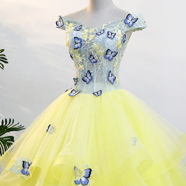 Flower Fairy Yellow Prom Dresses 2018 Ball Gown V-Neck Tulle Embroidered Appliques Backless Prom Formal Dresses