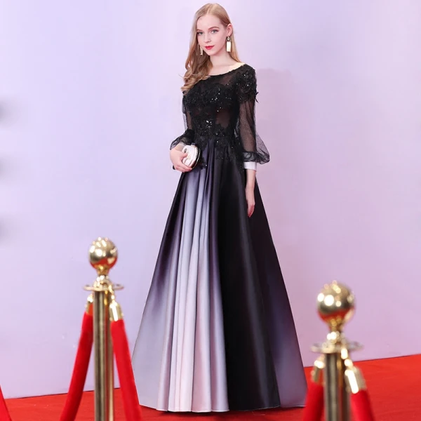 Chic / Beautiful Black Evening Dresses  2018 A-Line / Princess Floor-Length / Long U-Neck Tulle Appliques Beading Sequins Evening Party Formal Dresses