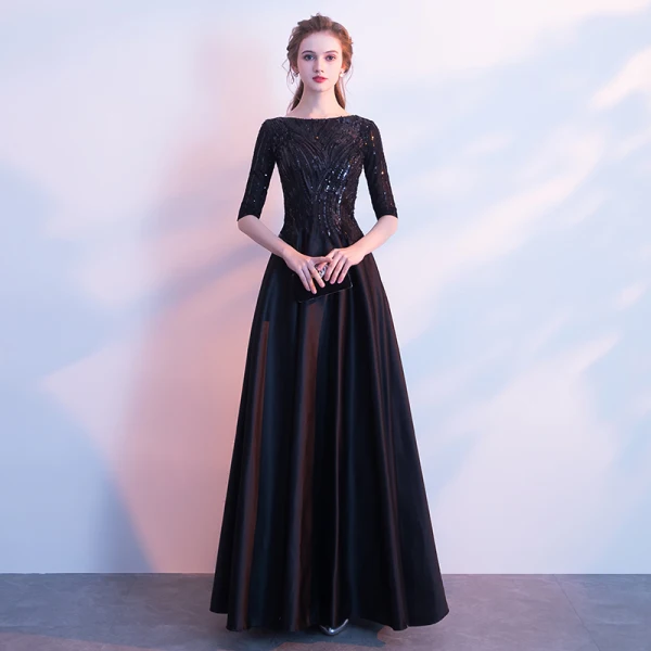 Modest / Simple Black Floor-Length / Long Evening Dresses 2018 A-Line / Princess Charmeuse U-Neck Beading Sequins Evening Party Formal Dresses