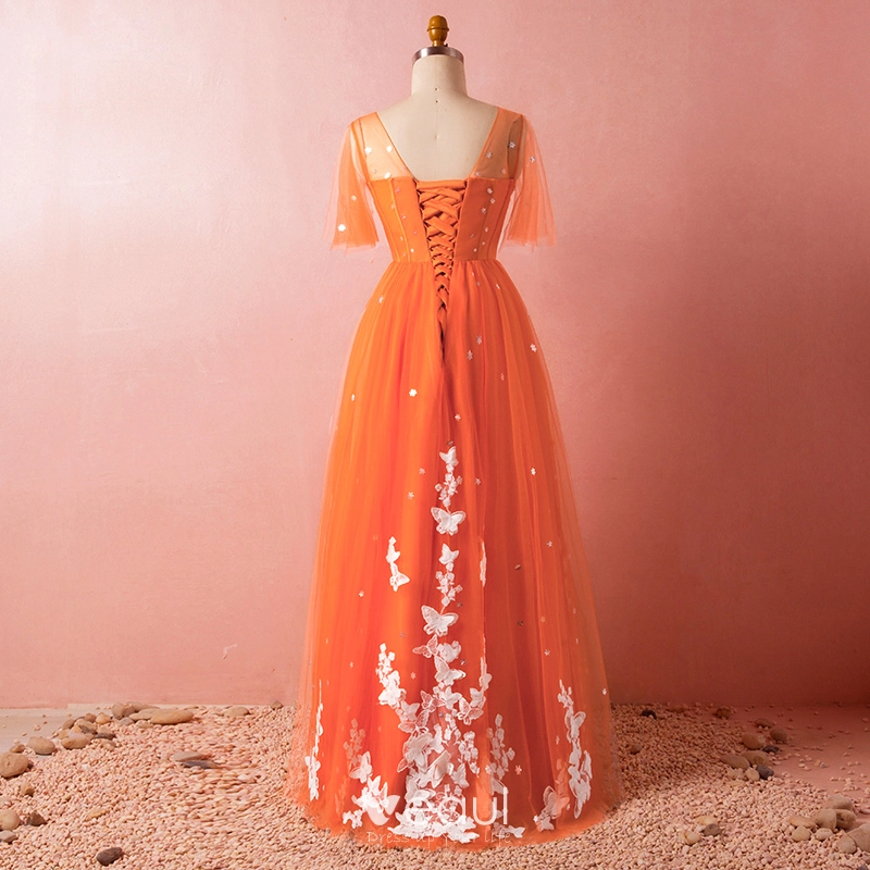 Chic Beautiful Orange Plus Size Evening Dresses 2018 Tulle V Neck Appliques Butterfly Backless Beading Evening Party Formal Dresses