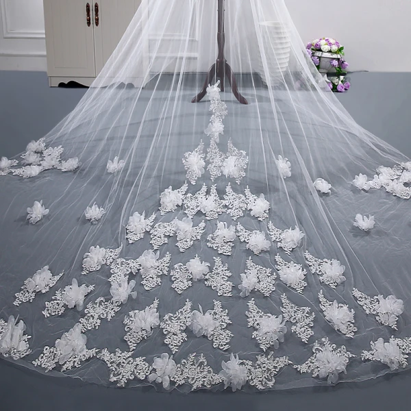 Modest / Simple White Cathedral Train Wedding Tulle Lace Appliques Beading Wedding Veils 2018
