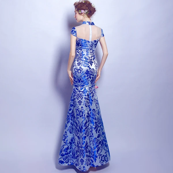 Chinese style Royal Blue Floor-Length / Long Evening Dresses  2018 Trumpet / Mermaid High Neck Charmeuse Appliques Backless Printing Evening Party Formal Dresses