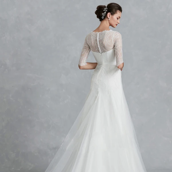 Klassisk Eleganta Vita Bröllopsklänningar 2020 Prinsessa V-Hals 1/2 ärm Halterneck Broderade Royal Train Bröllop