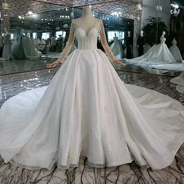 High-end Eye-catching White Ball Gown Wedding Dresses 2020 U-Neck Long Sleeve Handmade  Beading Backless Crystal Sequins Cathedral Train Wedding