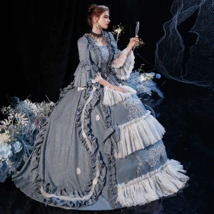 Vintage Mittelalterlich Himmelblau Ballkleid Ballkleider 2021 1 2 Ärmel Eckiger Ausschnitt Lange Gekreuzte Träger Handgefertigt Perlenstickerei Perle Quaste Drucken Cosplay Ball Festliche Kleider