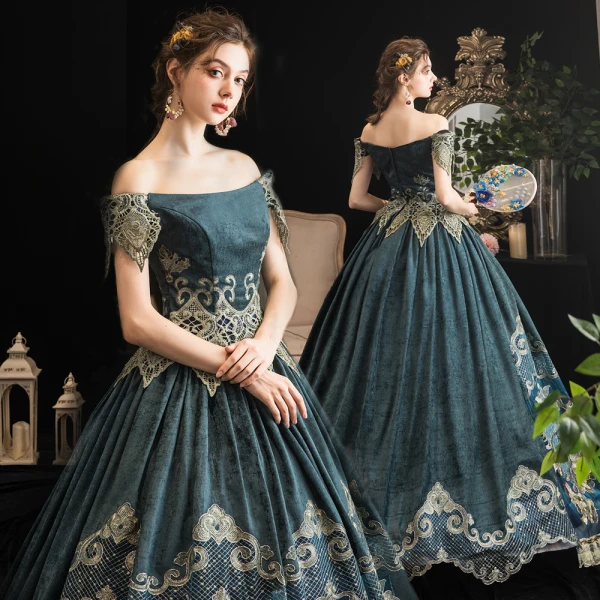 Vintage / Retro Medieval Ink Blue Ball Gown Prom Dresses 2021 Short Sleeve Off-The-Shoulder Floor-Length / Long Backless Printing Lace Satin Cosplay Prom Formal Dresses