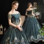 Vintage / Retro Medieval Ink Blue Ball Gown Prom Dresses 2021 Short Sleeve Off-The-Shoulder Floor-Length / Long Backless Printing Lace Satin Cosplay Prom Formal Dresses