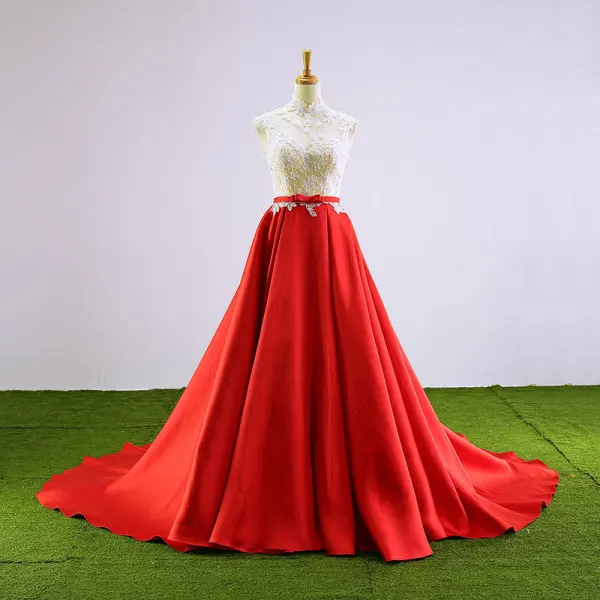 Style Chinois Vert Foncé Robe De Bal 2017 Col Haut Sans Manches Appliques Dos Nu Noeud Ceinture Satin Robe De Ceremonie Chapel Train
