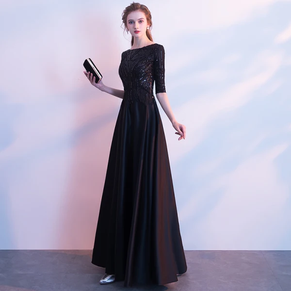 Modest / Simple Black Floor-Length / Long Evening Dresses 2018 A-Line / Princess Charmeuse U-Neck Beading Sequins Evening Party Formal Dresses