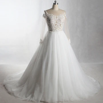 Amazing Unique Ivory Cathedral Train Wedding 2018 A Line Princess Long Sleeve U Neck Tulle See Through Appliques Backless Pierced Wedding Dresses