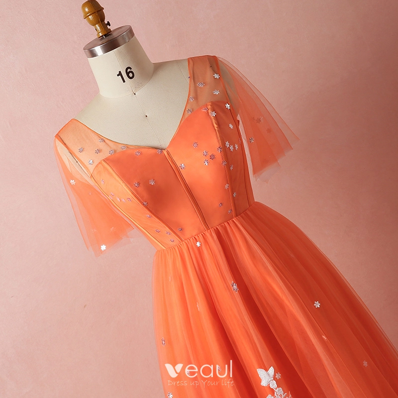 Chic / Beautiful Orange Plus Size Evening Dresses 2018 Tulle V-Neck Appliques Butterfly Backless Beading Evening Party Formal Dresses Chic / Beautiful Orange Plus Size Evening Dresses 2018 Tulle V-Neck Appliques Butterfly Backless Beading Evening Party Formal Dresses