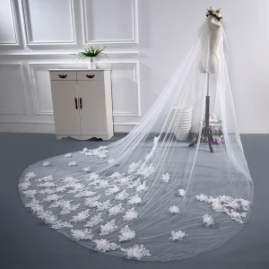 Modest Simple White Cathedral Train Wedding Tulle Lace Appliques Beading Wedding Veils 2018