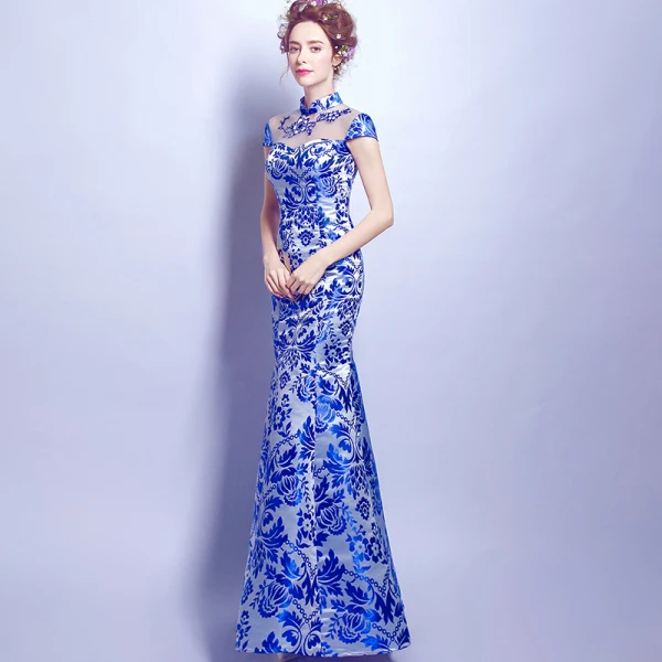 Chinese style Royal Blue Floor-Length / Long Evening Dresses  2018 Trumpet / Mermaid High Neck Charmeuse Appliques Backless Printing Evening Party Formal Dresses