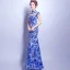 Chinese style Royal Blue Floor-Length / Long Evening Dresses  2018 Trumpet / Mermaid High Neck Charmeuse Appliques Backless Printing Evening Party Formal Dresses