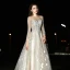 Modern / Fashion Champagne Wedding Dresses 2017 A-Line / Princess Square Neckline Long Sleeve Appliques Lace Sweep Train