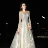 Modern / Fashion Champagne Wedding Dresses 2017 A-Line / Princess Square Neckline Long Sleeve Appliques Lace Sweep Train