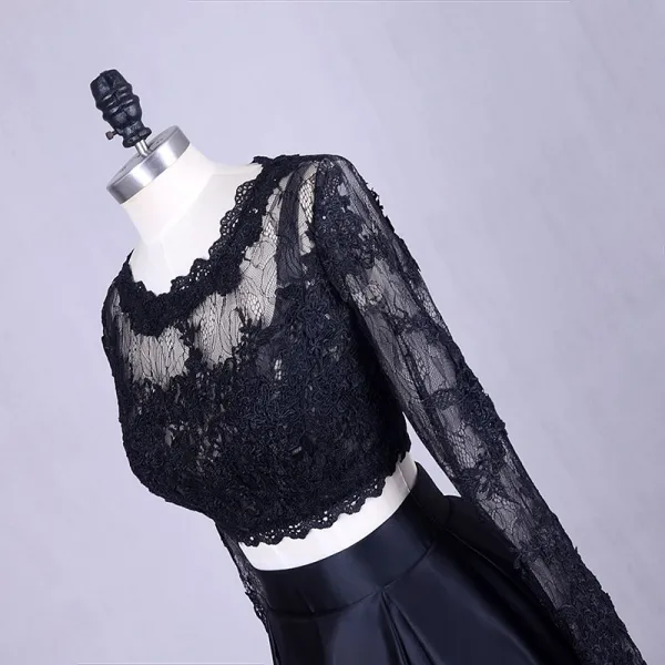 2 Piece Black Prom Dresses 2017 Scoop Neck A-Line / Princess Long Sleeve Appliques Lace Satin Formal Dresses