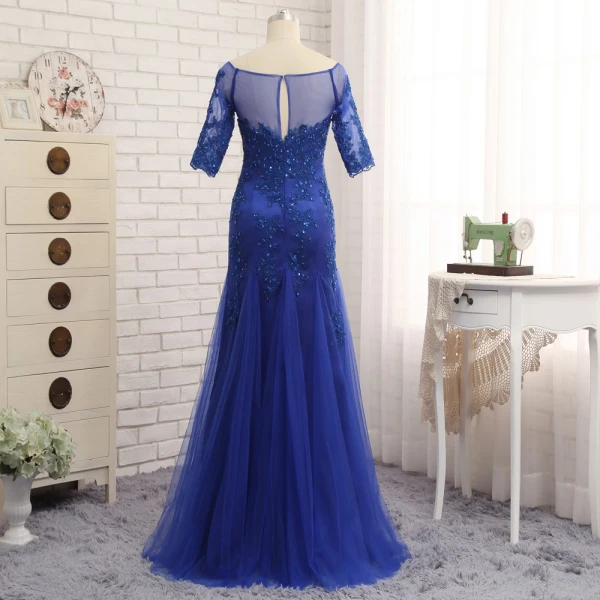 Chic / Belle Bleu Roi Trompette / Sirène Train De Balayage Robe De Mère De Mariée 2019 Dentelle Tulle U-Cou Appliques Dos Nu Perlage Brodé Paillettes Église Robe Pour Mariage