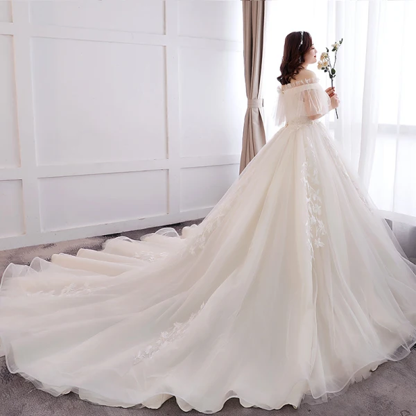 Klassisk Eleganta Vita Balklänning Extra Stor Storlek Bröllopsklänningar 2019 Appliqués Halterneck Spets Tyll Axelbandslös Chapel Train Bröllop