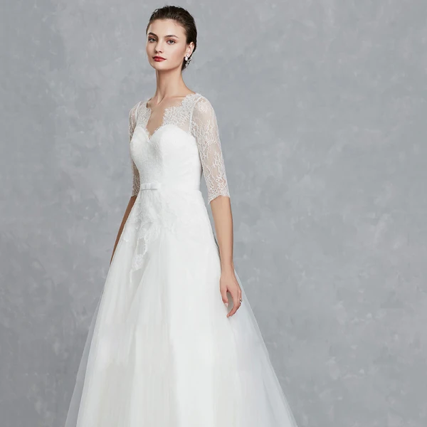 Klassisk Eleganta Vita Bröllopsklänningar 2020 Prinsessa V-Hals 1/2 ärm Halterneck Broderade Royal Train Bröllop