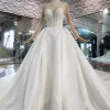 High-end Eye-catching White Ball Gown Wedding Dresses 2020 U-Neck Long Sleeve Handmade  Beading Backless Crystal Sequins Cathedral Train Wedding