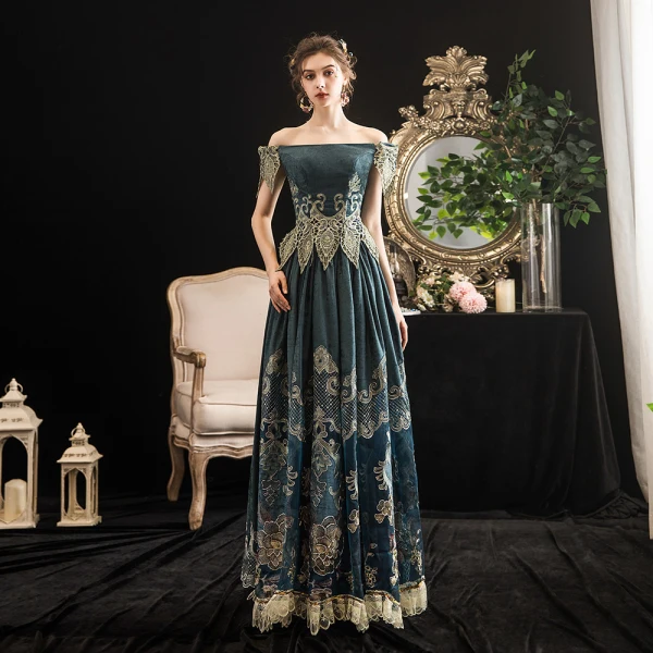 Vintage / Retro Medieval Ink Blue Ball Gown Prom Dresses 2021 Short Sleeve Off-The-Shoulder Floor-Length / Long Backless Printing Lace Satin Cosplay Prom Formal Dresses