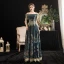 Vintage / Retro Medieval Ink Blue Ball Gown Prom Dresses 2021 Short Sleeve Off-The-Shoulder Floor-Length / Long Backless Printing Lace Satin Cosplay Prom Formal Dresses