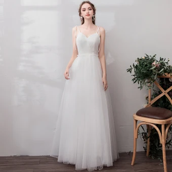 Simple Blanche Robe De Soirée 2019 Princesse Tulle En Dentelle V Cou Dos Nu Brodé Bureau Jardin Extérieur Été Robe De Ceremonie