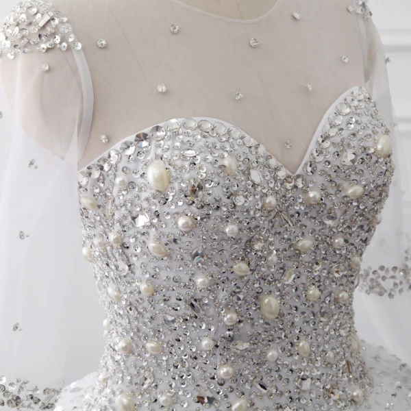 Luxury / Gorgeous White Crystal Wedding Dresses 2017 Scoop Neck Long Sleeve Beading Rhinestone Pearl Sequins Floor-Length / Long Ball Gown