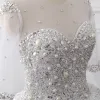 Luxus / Herrlich Weiß Kristall Brautkleider 2017 Rundhalsausschnitt Lange Ärmel Perlenstickerei Strass Perle Pailletten Lange Ballkleid