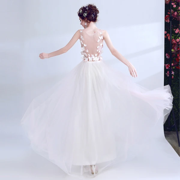 Chic / Beautiful Candy Pink Evening Dresses 2017 A-Line / Princess U-Neck Lace Butterfly Appliques Backless Evening Party Formal Dresses