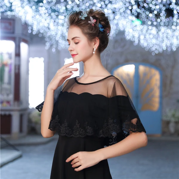 Black Tulle U-Neck Lace-up Evening Party Prom Shawls 2017