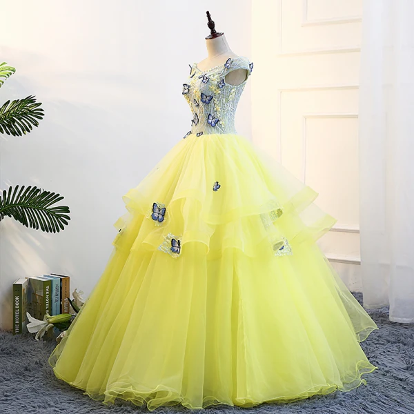 Flower Fairy Yellow Prom Dresses 2018 Ball Gown V-Neck Tulle Embroidered Appliques Backless Prom Formal Dresses