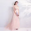 Schöne Rosa 2018 Abendkleider V-Ausschnitt Tülle A Linie Lange Sommer Perlenstickerei Schmetterling Applikationen Rückenfreies Abend Festliche Kleider