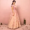 Flower Fairy Beige Plus Size Evening Dresses  2018 A-Line / Princess V-Neck Tulle Appliques Backless Beading Crystal Evening Party Prom Dresses