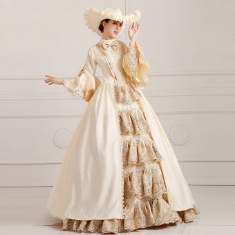 Vintage Retro Puffy Ball Gown Champagne Prom Dresses 2018 High Neck Long Sleeve Charmeuse Lace Up Beading Sequins Formal Dresses