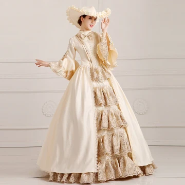 Vintage Retro Puffy Ball Gown Champagne Prom Dresses 2018 High Neck Long Sleeve Charmeuse Lace Up Beading Sequins Formal Dresses