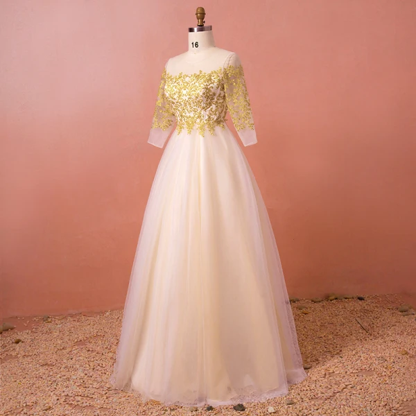 Classic Elegant Gold Plus Size Wedding Dresses 2018 A-Line / Princess Lace Tulle U-Neck Appliques Backless Wedding