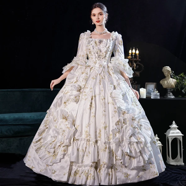Vintage / Retro Cosplay White Ball Gown Evening Dresses 2021 Winter Crossed Straps Floor-Length / Long Lace Satin U-Neck Long Sleeve Prom Dresses Dancing Prom Formal Dresses Prom Dresses