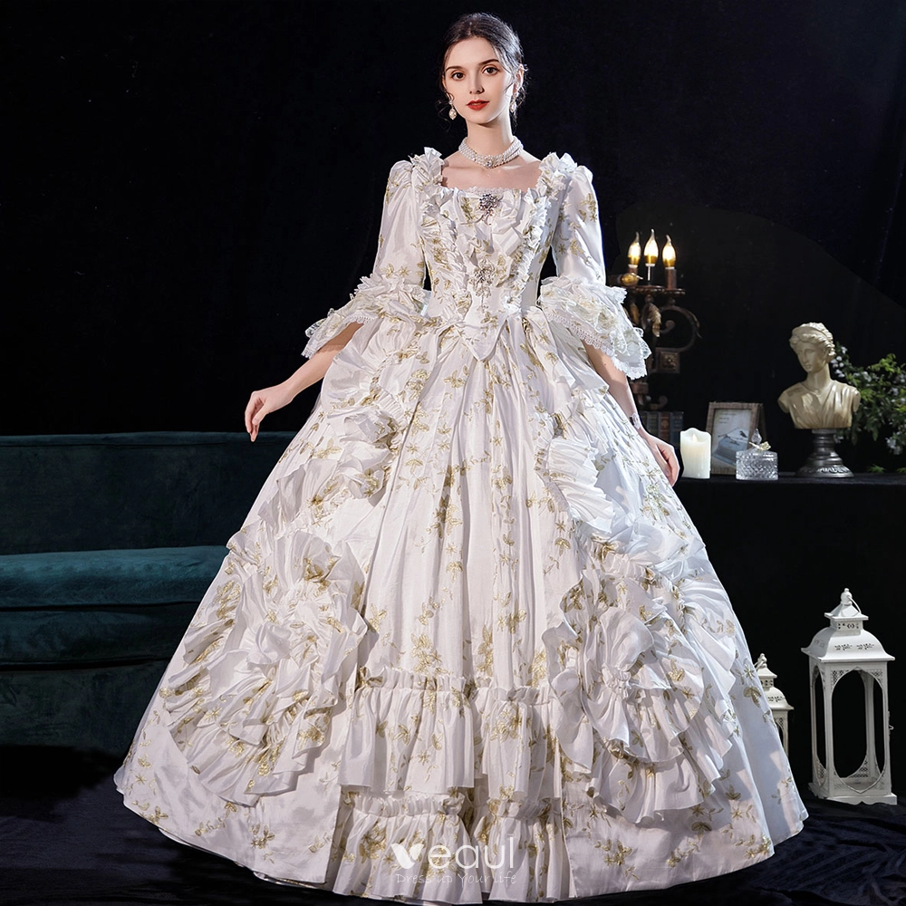 Vintage / Retro Cosplay White Ball Gown Evening Dresses 2021 Winter Crossed  Straps Floor-Length / Long Lace Satin U-Neck Long Sleeve Prom Dresses  Dancing Prom Formal Dresses Prom Dresses