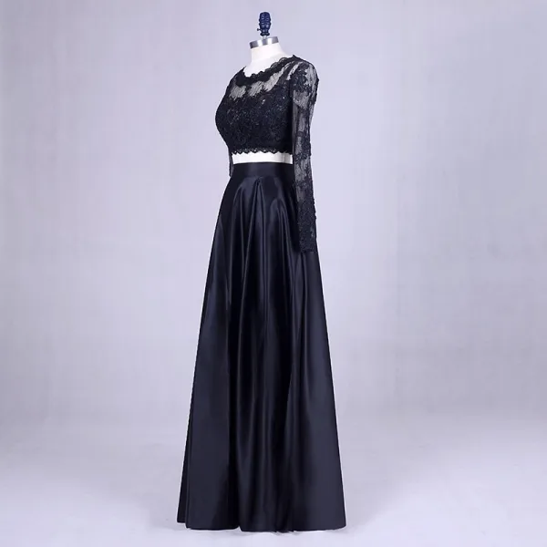 2 Piece Black Prom Dresses 2017 Scoop Neck A-Line / Princess Long Sleeve Appliques Lace Satin Formal Dresses