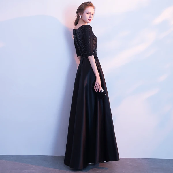 Modest / Simple Black Floor-Length / Long Evening Dresses 2018 A-Line / Princess Charmeuse U-Neck Beading Sequins Evening Party Formal Dresses