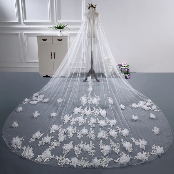 Modest / Simple White Cathedral Train Wedding Tulle Lace Appliques Beading Wedding Veils 2018