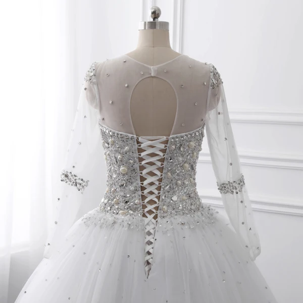 Luxury / Gorgeous White Crystal Wedding Dresses 2017 Scoop Neck Long Sleeve Beading Rhinestone Pearl Sequins Floor-Length / Long Ball Gown