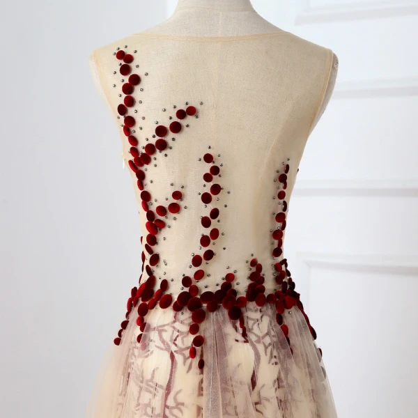 Chic / Belle Bordeaux Robe De Soirée 2017 Princesse U-Cou Dentelle Appliques Dos Nu Percé Faux Diamant Fait main Soirée Robe De Bal