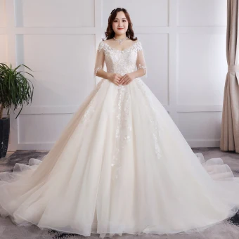 Modest Simple Champagne Plus Size Ball Gown Wedding Dresses 2019 Tulle V Neck Appliques Lace Backless Handmade Chapel Train