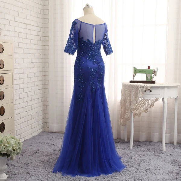 Chic / Belle Bleu Roi Trompette / Sirène Train De Balayage Robe De Mère De Mariée 2019 Dentelle Tulle U-Cou Appliques Dos Nu Perlage Brodé Paillettes Église Robe Pour Mariage