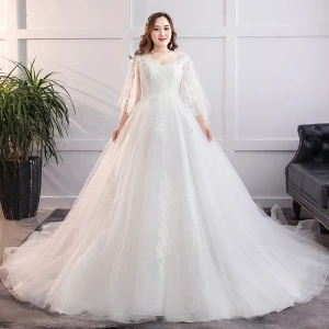 Modest Simple White Plus Size Wedding Dresses 2019 A Line Princess Tulle Lace U Neck Appliques Backless Chapel Train Wedding